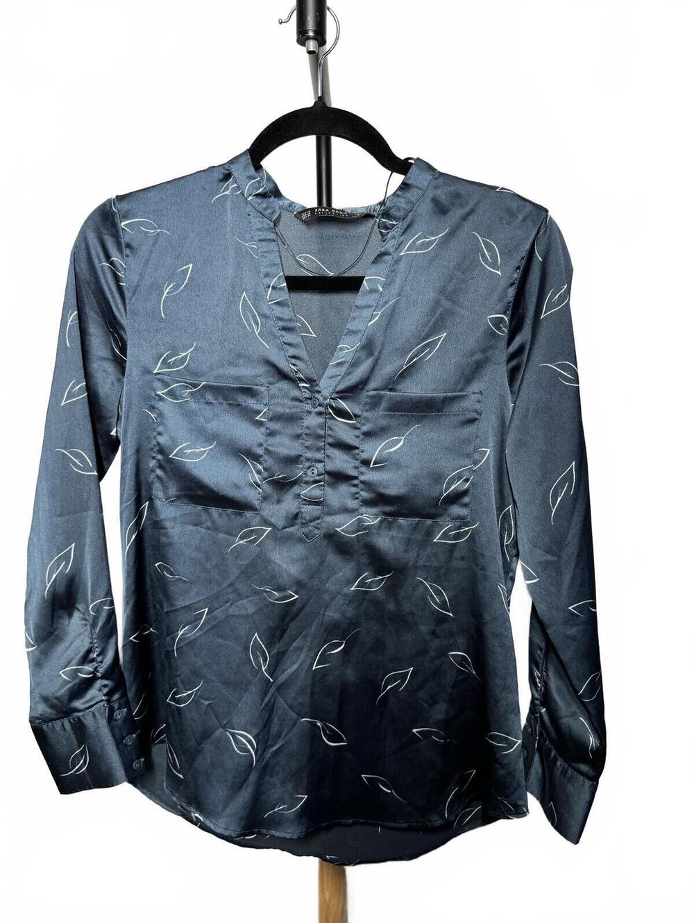Zara Basic Collection Navy Leaf Print Long Sleeve Blouse